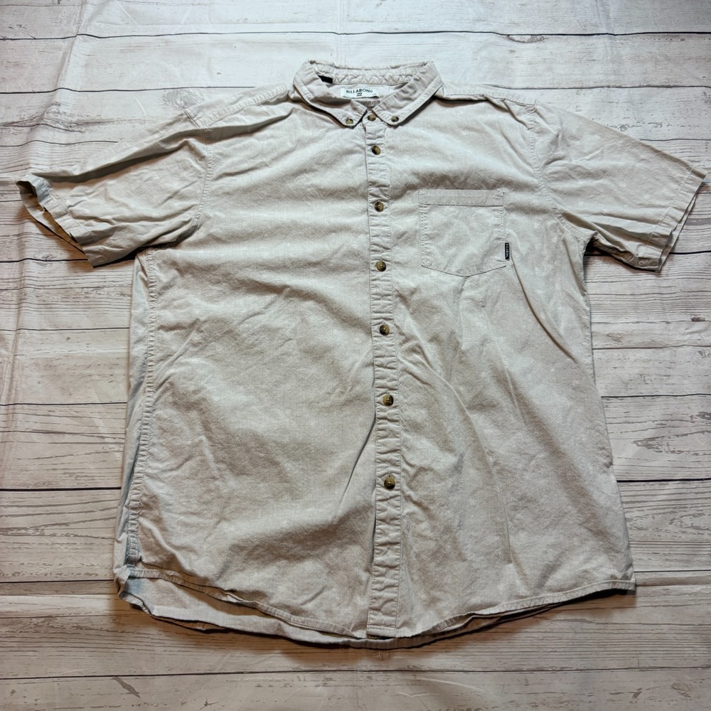 Billabong Short Sleeve Button Tailored Fit‎ Stretch Beige Shirt Men's Size Large